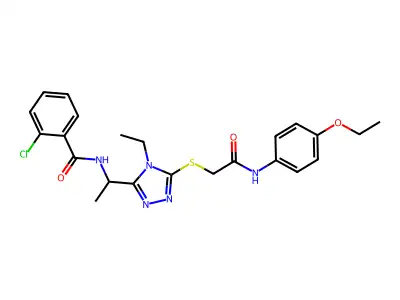 2-chloro-N-[1-[5-[2-(4-ethoxyanilino)-2-oxoethyl]sulfanyl-4-ethyl-1,2,4-triazol-3-yl]ethyl]benzamide structure