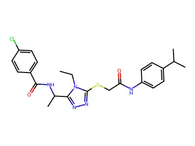 4-chloro-N-(1-{4-ethyl-5-[(2-oxo-2-{[4-(propan-2-yl)phenyl]amino}ethyl)sulfanyl]-4H-1,2,4-triazol-3-yl}ethyl)benzamide structure