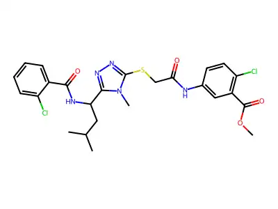 methyl 2-chloro-5-[({[5-(1-{[(2-chlorophenyl)carbonyl]amino}-3-methylbutyl)-4-methyl-4H-1,2,4-triazol-3-yl]sulfanyl}acetyl)amino]benzoate structure