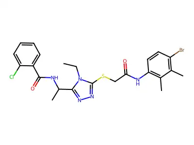 N-[1-[5-[2-(4-bromo-2,3-dimethylanilino)-2-oxoethyl]sulfanyl-4-ethyl-1,2,4-triazol-3-yl]ethyl]-2-chlorobenzamide structure