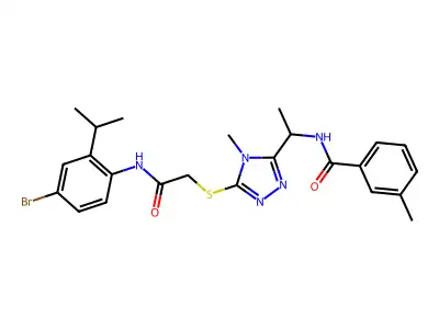 N-(1-{5-[(2-{[4-bromo-2-(propan-2-yl)phenyl]amino}-2-oxoethyl)sulfanyl]-4-methyl-4H-1,2,4-triazol-3-yl}ethyl)-3-methylbenzamide structure