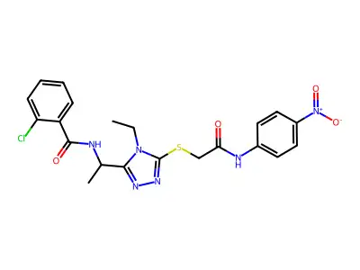2-chloro-N-[1-[4-ethyl-5-[2-(4-nitroanilino)-2-oxoethyl]sulfanyl-1,2,4-triazol-3-yl]ethyl]benzamide structure