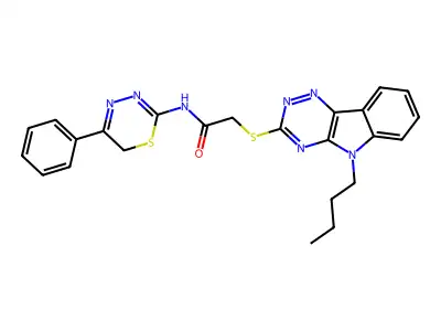 2-[(5-butyl-[1,2,4]triazino[5,6-b]indol-3-yl)sulfanyl]-N-(5-phenyl-6H-1,3,4-thiadiazin-2-yl)acetamide structure