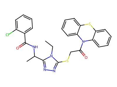 2-chloro-N-[1-(4-ethyl-5-{[2-oxo-2-(10H-phenothiazin-10-yl)ethyl]sulfanyl}-4H-1,2,4-triazol-3-yl)ethyl]benzamide structure