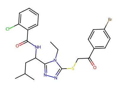 N-[1-(5-{[2-(4-bromophenyl)-2-oxoethyl]sulfanyl}-4-ethyl-4H-1,2,4-triazol-3-yl)-3-methylbutyl]-2-chlorobenzamide structure