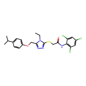 2-[(4-ethyl-5-{[4-(propan-2-yl)phenoxy]methyl}-4H-1,2,4-triazol-3-yl)sulfanyl]-N-(2,4,6-trichlorophenyl)acetamide structure