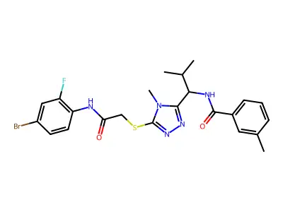 N-[1-[5-[2-(4-bromo-2-fluoroanilino)-2-oxoethyl]sulfanyl-4-methyl-1,2,4-triazol-3-yl]-2-methylpropyl]-3-methylbenzamide structure