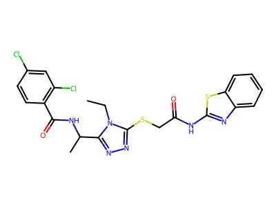 N-[1-(5-{[2-(1,3-benzothiazol-2-ylamino)-2-oxoethyl]sulfanyl}-4-ethyl-4H-1,2,4-triazol-3-yl)ethyl]-2,4-dichlorobenzamide structure