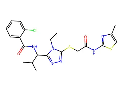 2-chloro-N-[1-[4-ethyl-5-[2-[(4-methyl-1,3-thiazol-2-yl)amino]-2-oxoethyl]sulfanyl-1,2,4-triazol-3-yl]-2-methylpropyl]benzamide structure