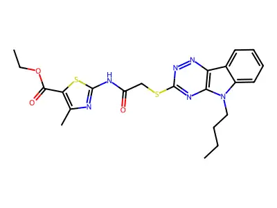 ethyl 2-({[(5-butyl-5H-[1,2,4]triazino[5,6-b]indol-3-yl)sulfanyl]acetyl}amino)-4-methyl-1,3-thiazole-5-carboxylate structure