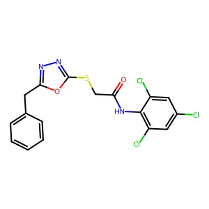 2-[(5-benzyl-1,3,4-oxadiazol-2-yl)sulfanyl]-N-(2,4,6-trichlorophenyl)acetamide structure