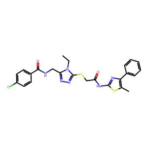 4-chloro-N-[[4-ethyl-5-[2-[(5-methyl-4-phenyl-1,3-thiazol-2-yl)amino]-2-oxoethyl]sulfanyl-1,2,4-triazol-3-yl]methyl]benzamide structure