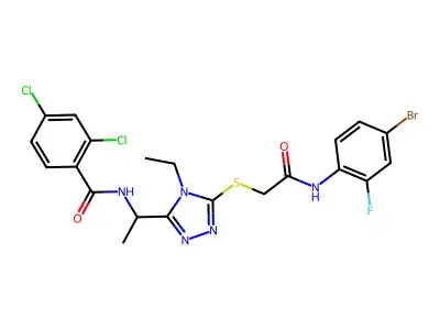 N-[1-[5-[2-(4-bromo-2-fluoroanilino)-2-oxoethyl]sulfanyl-4-ethyl-1,2,4-triazol-3-yl]ethyl]-2,4-dichlorobenzamide structure