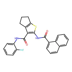 N-(2-fluorophenyl)-2-(naphthalene-1-carbonylamino)-5,6-dihydro-4H-cyclopenta[b]thiophene-3-carboxamide structure