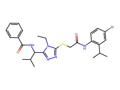 N-(1-{5-[(2-{[4-bromo-2-(propan-2-yl)phenyl]amino}-2-oxoethyl)sulfanyl]-4-ethyl-4H-1,2,4-triazol-3-yl}-2-methylpropyl)benzamide structure