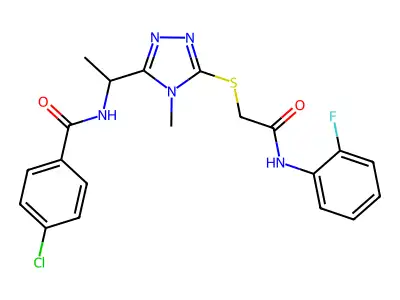4-chloro-N-[1-[5-[2-(2-fluoroanilino)-2-oxoethyl]sulfanyl-4-methyl-1,2,4-triazol-3-yl]ethyl]benzamide structure
