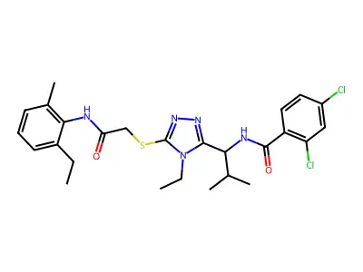 2,4-dichloro-N-[1-[4-ethyl-5-[2-(2-ethyl-6-methylanilino)-2-oxoethyl]sulfanyl-1,2,4-triazol-3-yl]-2-methylpropyl]benzamide structure