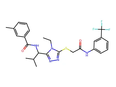 N-(1-{4-ethyl-5-[(2-oxo-2-{[3-(trifluoromethyl)phenyl]amino}ethyl)sulfanyl]-4H-1,2,4-triazol-3-yl}-2-methylpropyl)-3-methylbenzamide structure