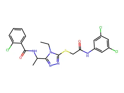2-chloro-N-[1-[5-[2-(3,5-dichloroanilino)-2-oxoethyl]sulfanyl-4-ethyl-1,2,4-triazol-3-yl]ethyl]benzamide structure