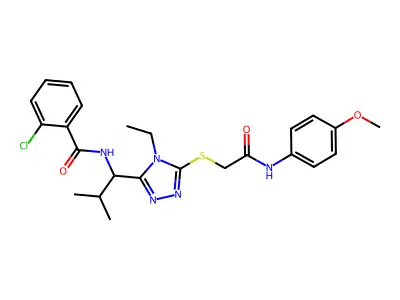 2-chloro-N-[1-[4-ethyl-5-[2-(4-methoxyanilino)-2-oxoethyl]sulfanyl-1,2,4-triazol-3-yl]-2-methylpropyl]benzamide structure
