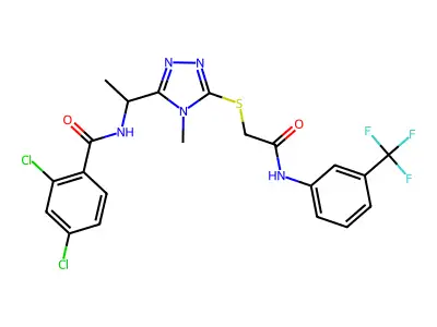 2,4-dichloro-N-(1-{4-methyl-5-[(2-oxo-2-{[3-(trifluoromethyl)phenyl]amino}ethyl)sulfanyl]-4H-1,2,4-triazol-3-yl}ethyl)benzamide structure