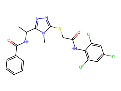 N-{1-[4-methyl-5-({2-oxo-2-[(2,4,6-trichlorophenyl)amino]ethyl}sulfanyl)-4H-1,2,4-triazol-3-yl]ethyl}benzamide structure