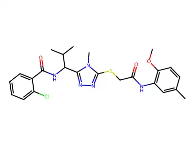 2-chloro-N-[1-[5-[2-(2-methoxy-5-methylanilino)-2-oxoethyl]sulfanyl-4-methyl-1,2,4-triazol-3-yl]-2-methylpropyl]benzamide structure