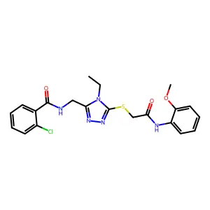 2-chloro-N-[[4-ethyl-5-[2-(2-methoxyanilino)-2-oxoethyl]sulfanyl-1,2,4-triazol-3-yl]methyl]benzamide structure