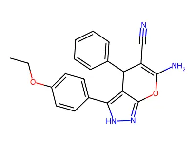 6-amino-3-(4-ethoxyphenyl)-4-phenyl-1,4-dihydropyrano[2,3-c]pyrazole-5-carbonitrile structure
