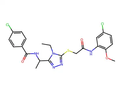 4-chloro-N-{1-[5-({2-[(5-chloro-2-methoxyphenyl)amino]-2-oxoethyl}sulfanyl)-4-ethyl-4H-1,2,4-triazol-3-yl]ethyl}benzamide structure