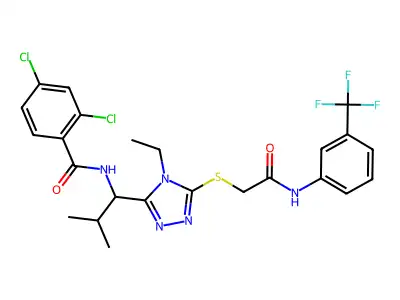 2,4-dichloro-N-(1-{4-ethyl-5-[(2-oxo-2-{[3-(trifluoromethyl)phenyl]amino}ethyl)sulfanyl]-4H-1,2,4-triazol-3-yl}-2-methylpropyl)benzamide structure