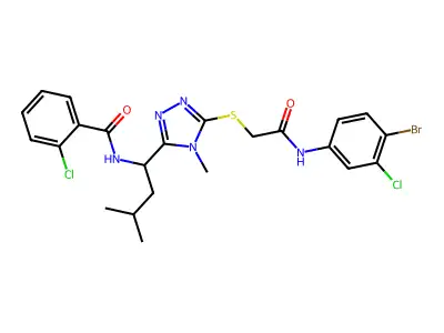 N-[1-[5-[2-(4-bromo-3-chloroanilino)-2-oxoethyl]sulfanyl-4-methyl-1,2,4-triazol-3-yl]-3-methylbutyl]-2-chlorobenzamide structure