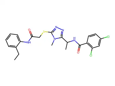 2,4-dichloro-N-[1-[5-[2-(2-ethylanilino)-2-oxoethyl]sulfanyl-4-methyl-1,2,4-triazol-3-yl]ethyl]benzamide structure