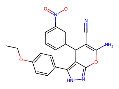 6-amino-3-(4-ethoxyphenyl)-4-(3-nitrophenyl)-1,4-dihydropyrano[2,3-c]pyrazole-5-carbonitrile structure