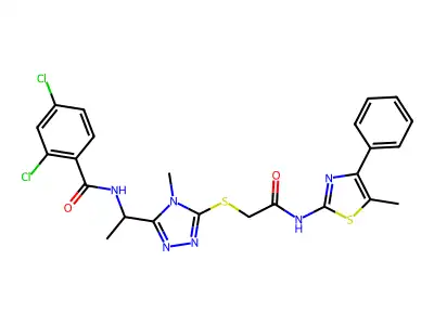 2,4-dichloro-N-[1-[4-methyl-5-[2-[(5-methyl-4-phenyl-1,3-thiazol-2-yl)amino]-2-oxoethyl]sulfanyl-1,2,4-triazol-3-yl]ethyl]benzamide structure