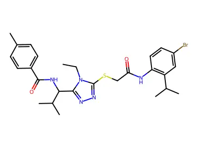 N-(1-{5-[(2-{[4-bromo-2-(propan-2-yl)phenyl]amino}-2-oxoethyl)sulfanyl]-4-ethyl-4H-1,2,4-triazol-3-yl}-2-methylpropyl)-4-methylbenzamide structure