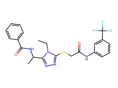 N-(1-{4-ethyl-5-[(2-oxo-2-{[3-(trifluoromethyl)phenyl]amino}ethyl)sulfanyl]-4H-1,2,4-triazol-3-yl}ethyl)benzamide structure