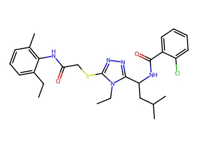 2-chloro-N-[1-[4-ethyl-5-[2-(2-ethyl-6-methylanilino)-2-oxoethyl]sulfanyl-1,2,4-triazol-3-yl]-3-methylbutyl]benzamide structure