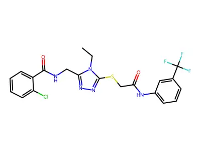 2-chloro-N-({4-ethyl-5-[(2-oxo-2-{[3-(trifluoromethyl)phenyl]amino}ethyl)sulfanyl]-4H-1,2,4-triazol-3-yl}methyl)benzamide structure