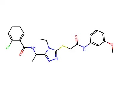 2-chloro-N-[1-[4-ethyl-5-[2-(3-methoxyanilino)-2-oxoethyl]sulfanyl-1,2,4-triazol-3-yl]ethyl]benzamide structure