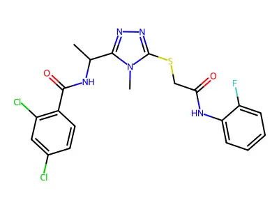 2,4-dichloro-N-[1-[5-[2-(2-fluoroanilino)-2-oxoethyl]sulfanyl-4-methyl-1,2,4-triazol-3-yl]ethyl]benzamide structure