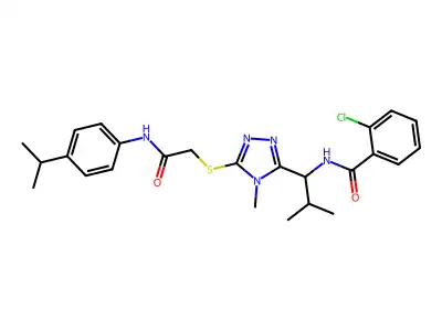 2-chloro-N-(2-methyl-1-{4-methyl-5-[(2-oxo-2-{[4-(propan-2-yl)phenyl]amino}ethyl)sulfanyl]-4H-1,2,4-triazol-3-yl}propyl)benzamide structure