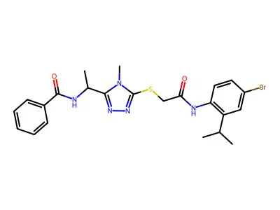 N-(1-{5-[(2-{[4-bromo-2-(propan-2-yl)phenyl]amino}-2-oxoethyl)sulfanyl]-4-methyl-4H-1,2,4-triazol-3-yl}ethyl)benzamide structure