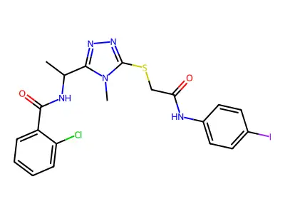 2-chloro-N-[1-[5-[2-(4-iodoanilino)-2-oxoethyl]sulfanyl-4-methyl-1,2,4-triazol-3-yl]ethyl]benzamide structure