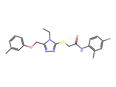 2-({4-ethyl-5-[(3-methylphenoxy)methyl]-4H-1,2,4-triazol-3-yl}sulfanyl)-N-(4-iodo-2-methylphenyl)acetamide structure