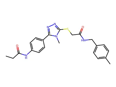N-[4-[4-methyl-5-[2-[(4-methylphenyl)methylamino]-2-oxoethyl]sulfanyl-1,2,4-triazol-3-yl]phenyl]propanamide structure