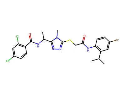 N-(1-{5-[(2-{[4-bromo-2-(propan-2-yl)phenyl]amino}-2-oxoethyl)sulfanyl]-4-methyl-4H-1,2,4-triazol-3-yl}ethyl)-2,4-dichlorobenzamide structure