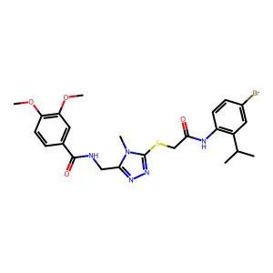 N-({5-[(2-{[4-bromo-2-(propan-2-yl)phenyl]amino}-2-oxoethyl)sulfanyl]-4-methyl-4H-1,2,4-triazol-3-yl}methyl)-3,4-dimethoxybenzamide structure