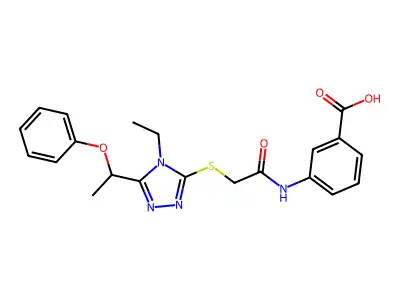 3-[({[4-ethyl-5-(1-phenoxyethyl)-4H-1,2,4-triazol-3-yl]sulfanyl}acetyl)amino]benzoic acid structure