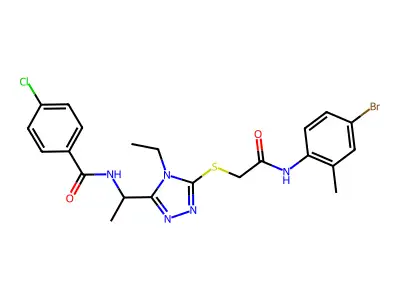 N-[1-[5-[2-(4-bromo-2-methylanilino)-2-oxoethyl]sulfanyl-4-ethyl-1,2,4-triazol-3-yl]ethyl]-4-chlorobenzamide structure